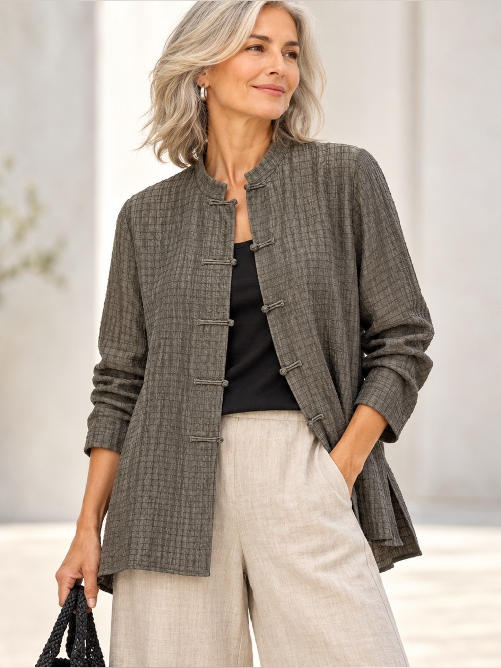 Eileen Fisher Women’s Sz M Gray Silk Linen Textured Grid Frog Closure Jacket Top